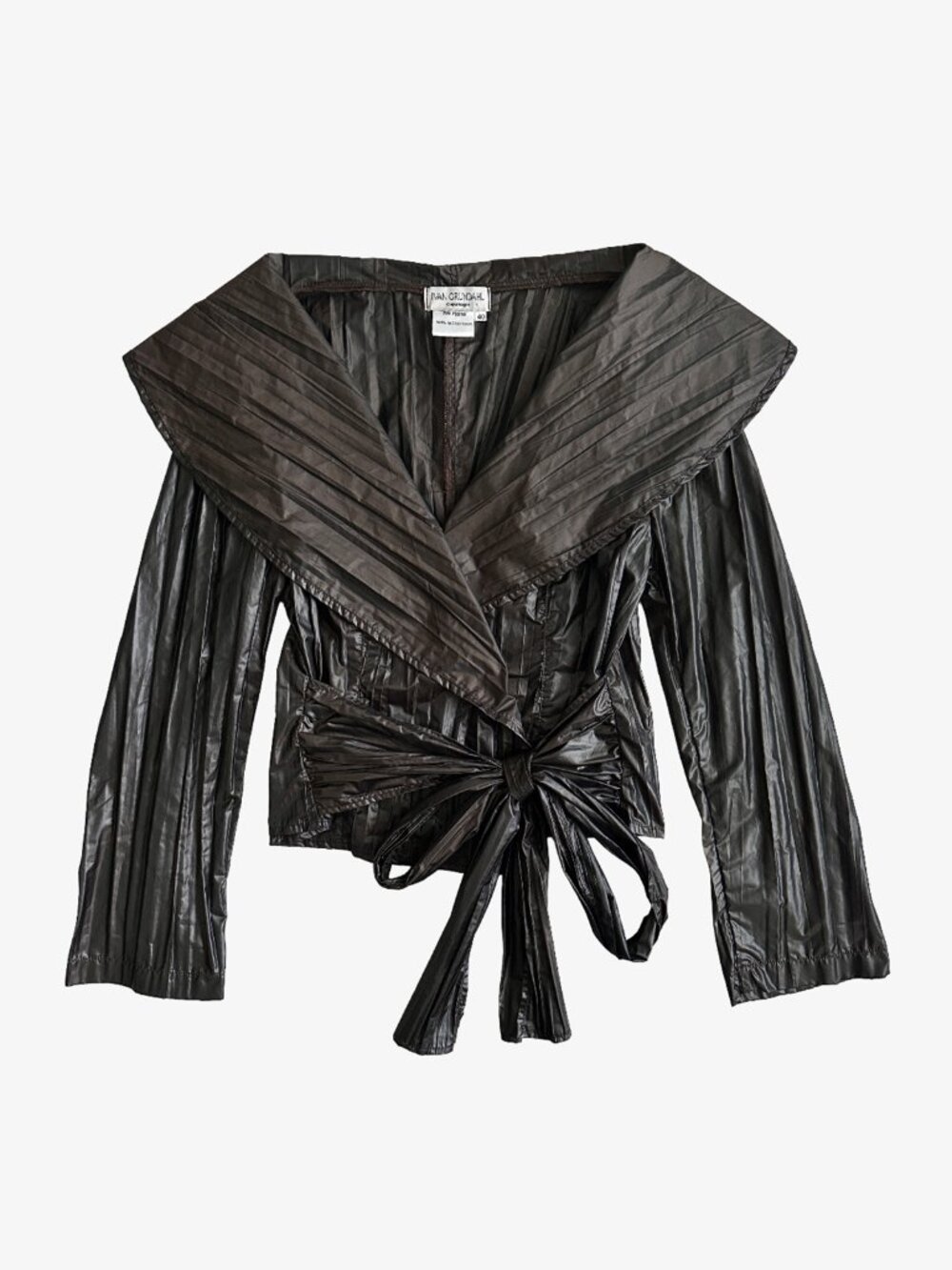 Brown Microfiber Crinkle Tie-Waist Collared Wrap Crop Top by Ivan Grundahl